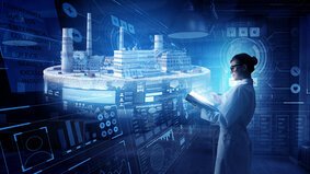 Young woman engineer and her industrial project. Mixed media