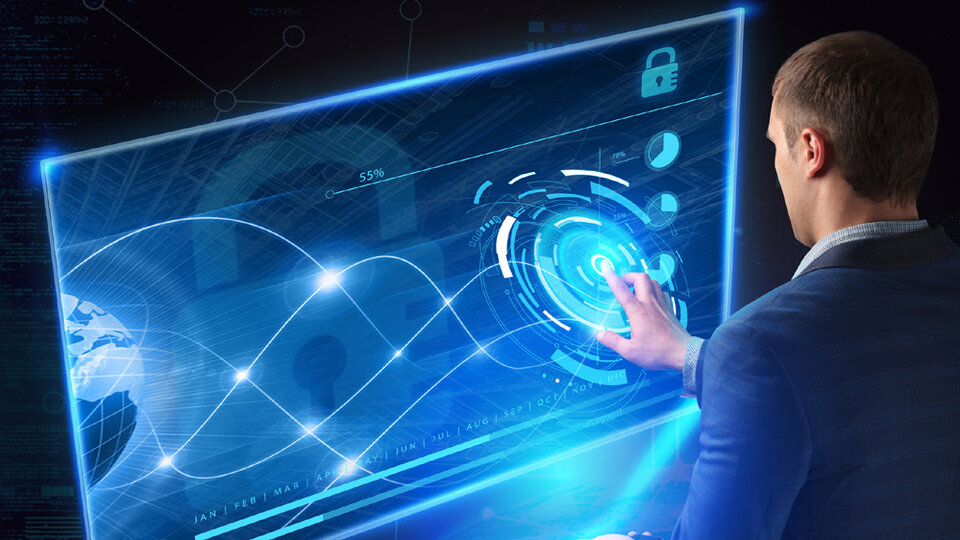 Business, Technology, Internet and network concept. Technology future. Young businessman, working on the smartphone of the future, clicks on the virtual display button