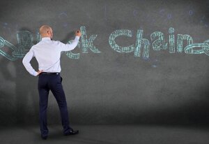 View of a Blockchain title with a cahin made of data number - 3d render