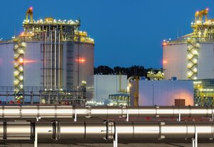 pipelines in the LNG terminal at night,3d illustration