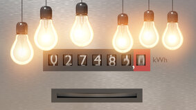 Electricity and power consumption concept. Many light bulbs and electrometer in background. 3D rendered illustration.